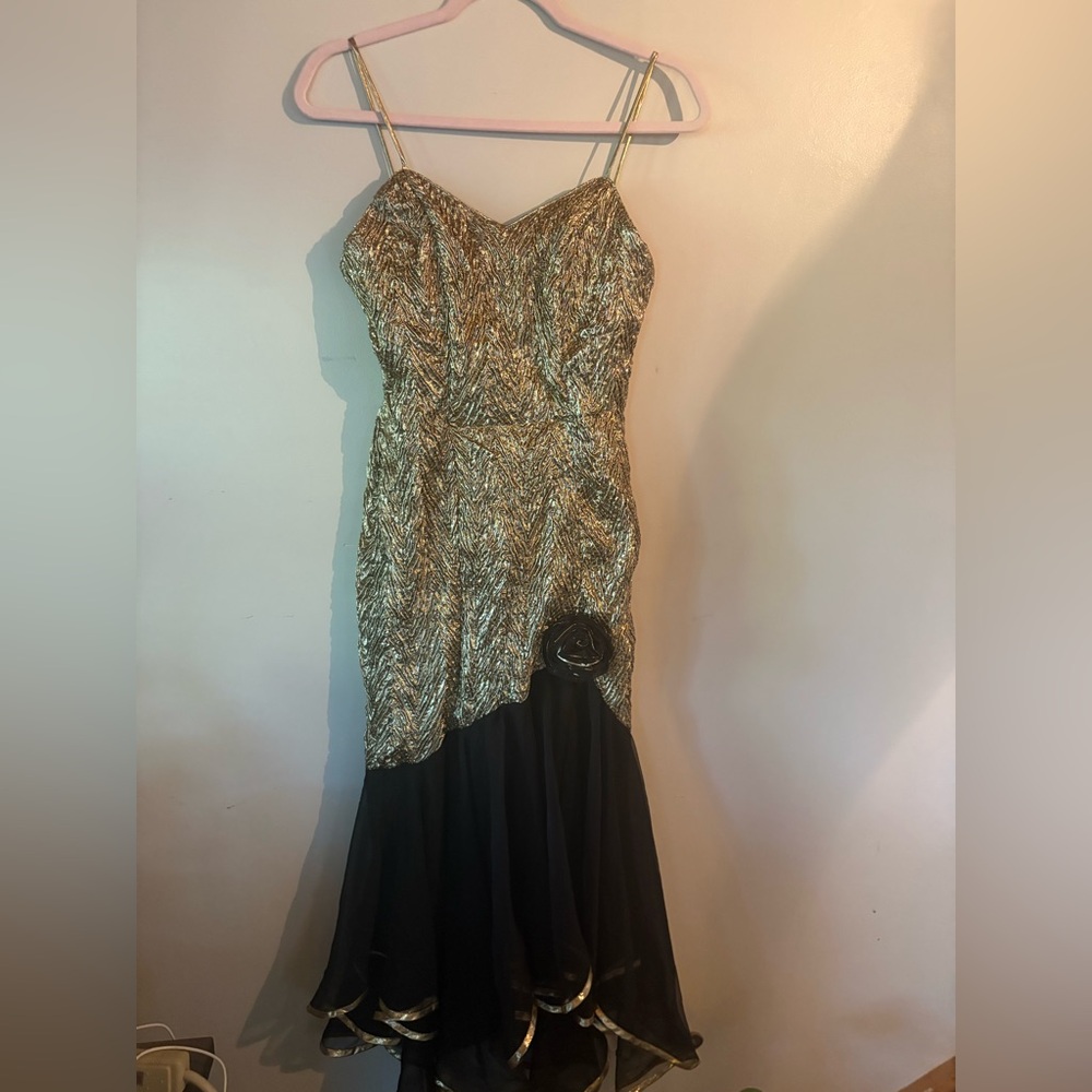 Vintage 1980s New Leaf Glamorous Gold and Black High-Low Dress Formal Unique